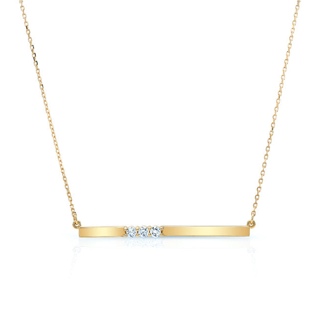 Diamond 3 Stone Bar Necklace In 14k Yellow Gold (16.5 Inch Curb Chain)