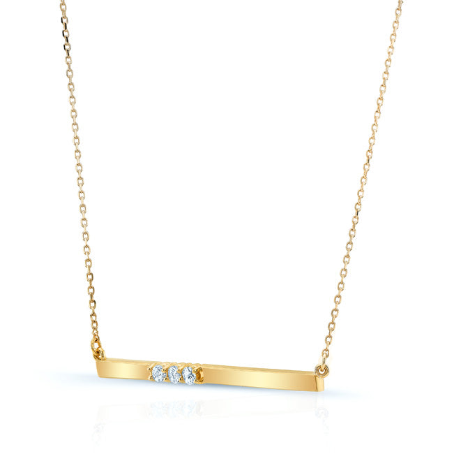 Diamond 3 Stone Bar Necklace In 14k Yellow Gold (16.5 Inch Curb Chain)