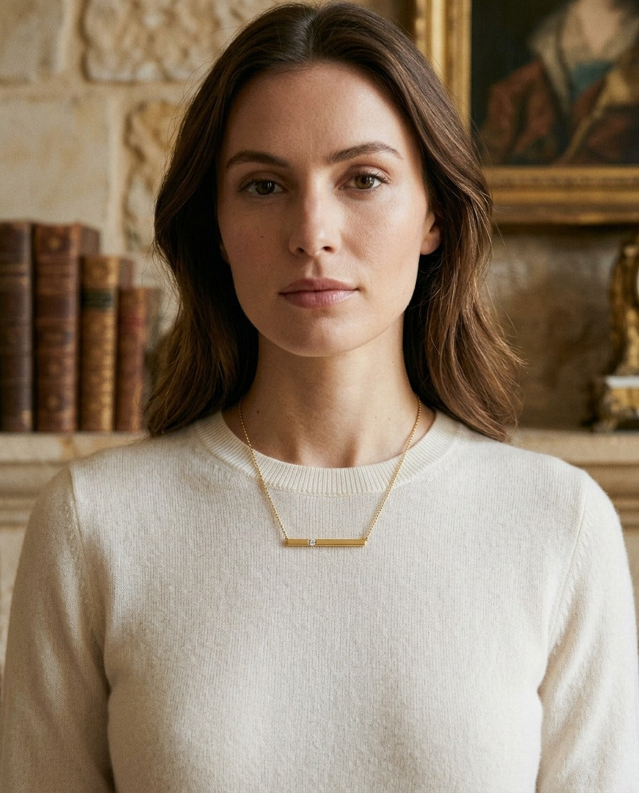 Diamond Bar Necklace In 14k Yellow Gold — portrait close