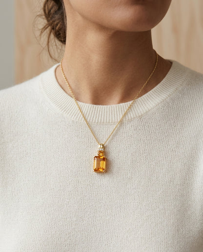 Citrine And Diamond Emerald Cut Pendant In 14k Yellow Gold (18-in Curb Chain) — editorial close-up