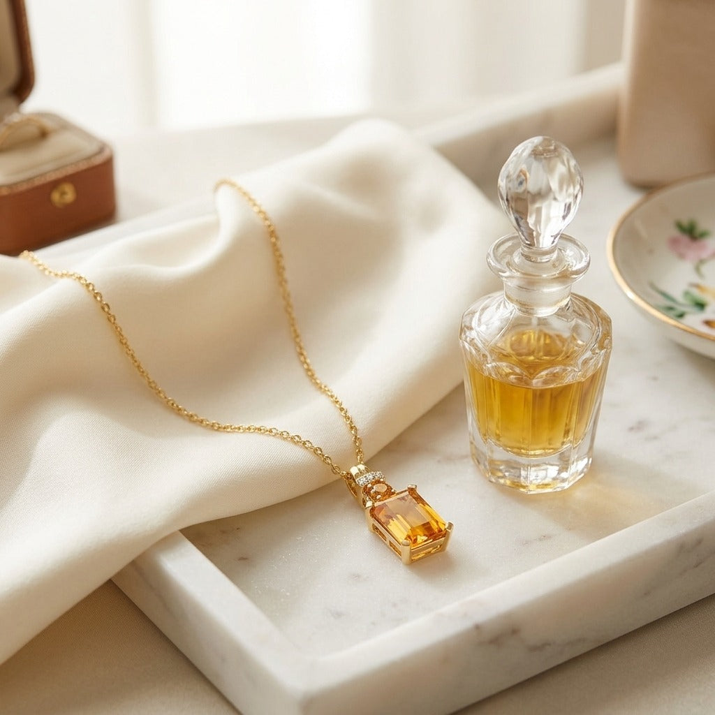 Citrine and Diamond Emerald Cut Pendant in 14k Yellow Gold (17-in Rolo Chain) — marble silk