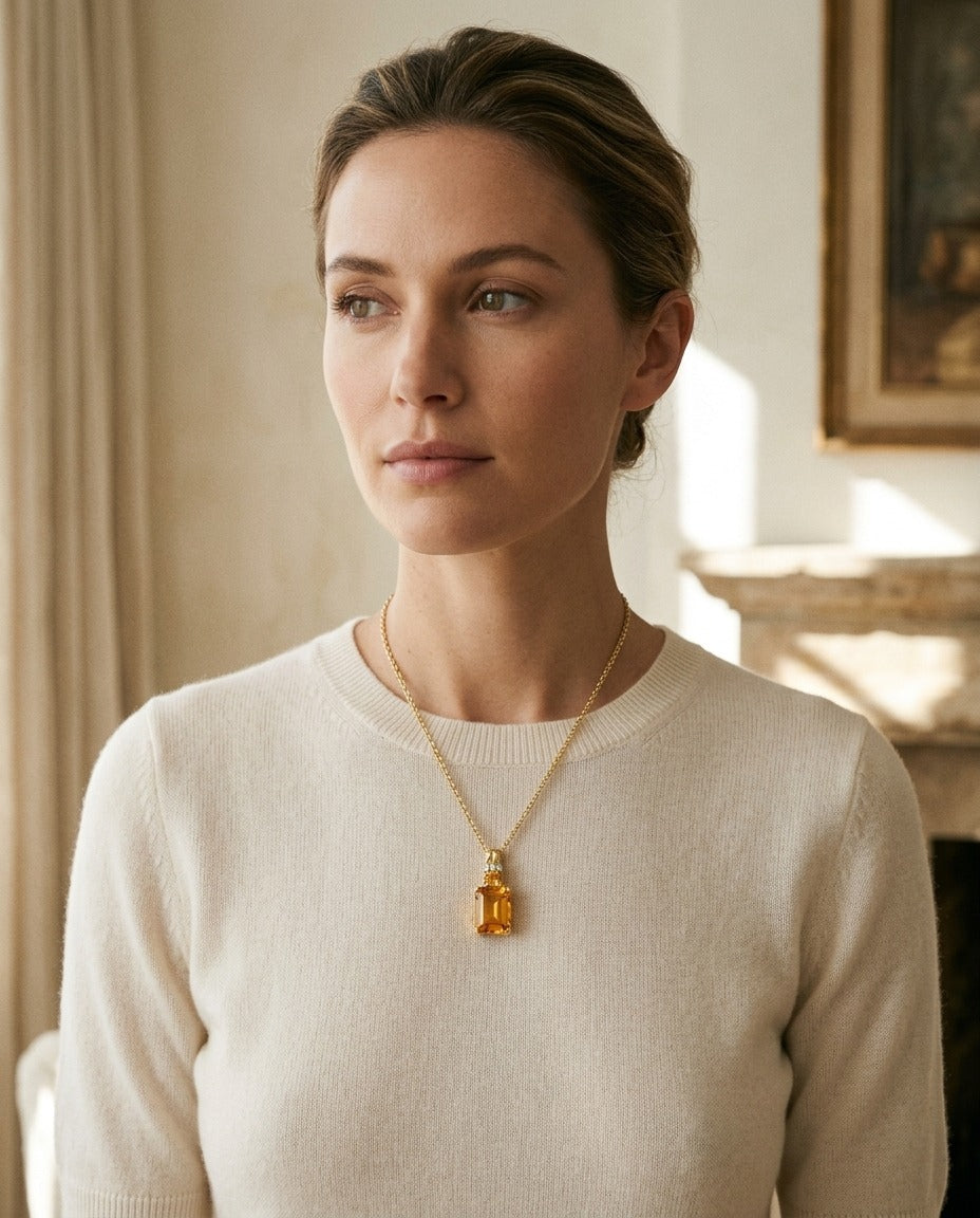 Citrine and Diamond Emerald Cut Pendant in 14k Yellow Gold (17-in Rolo Chain) — portrait close