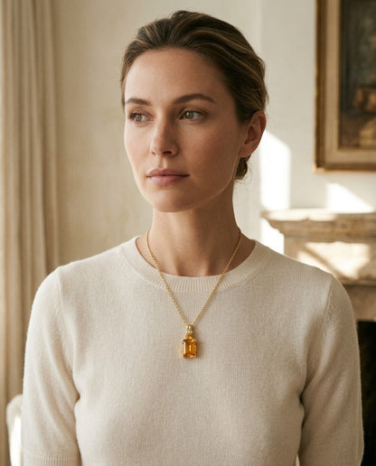 Citrine and Diamond Emerald Cut Pendant in 14k Yellow Gold (17-in Rolo Chain) — portrait close