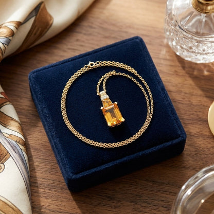 Citrine and Diamond Emerald Cut Pendant in 14k Yellow Gold (17-in Rolo Chain) — velvet box