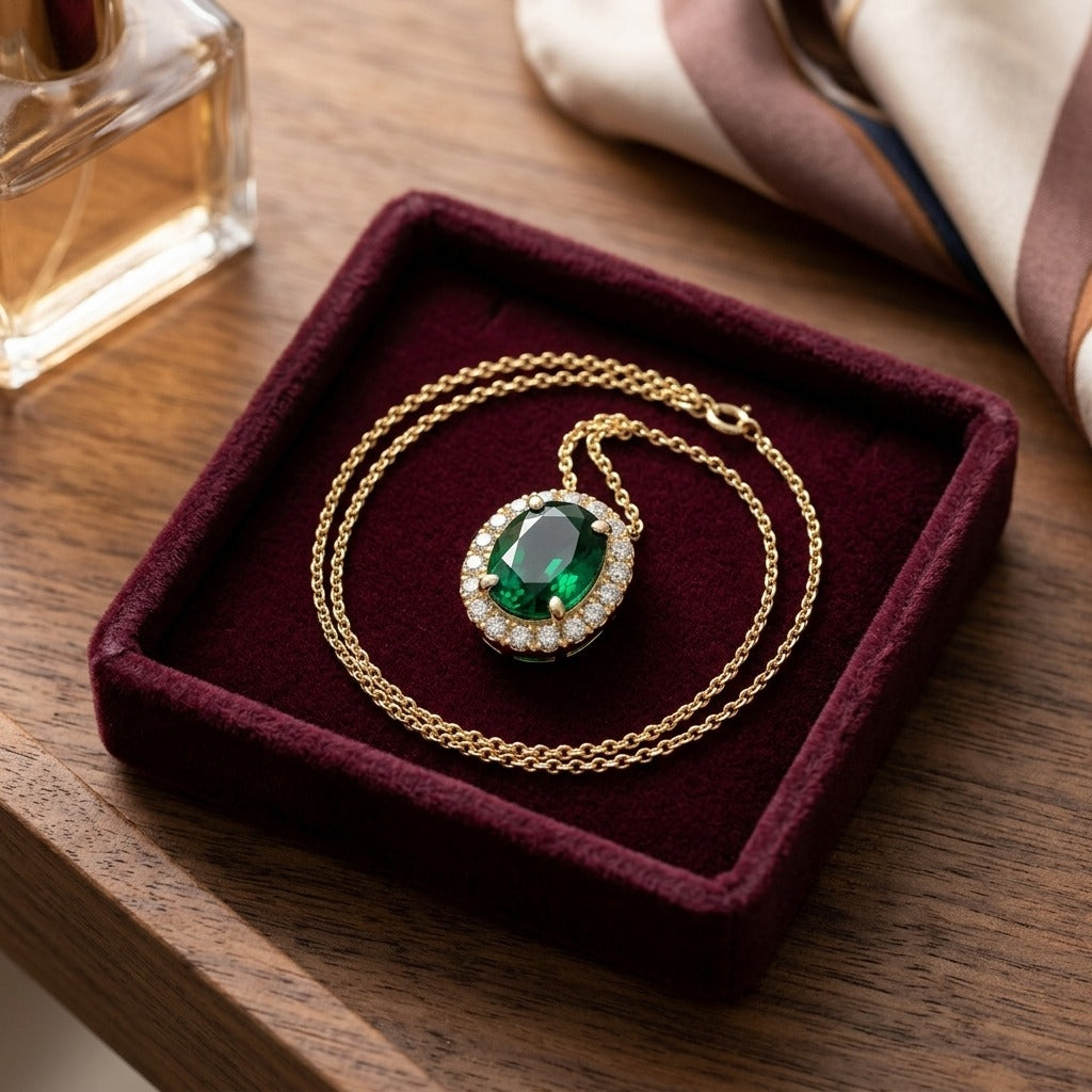 Rhodolite Garnet and Diamond Oval Halo Slide Pendant in 14k Yellow Gold (8x6mm Center) — velvet box