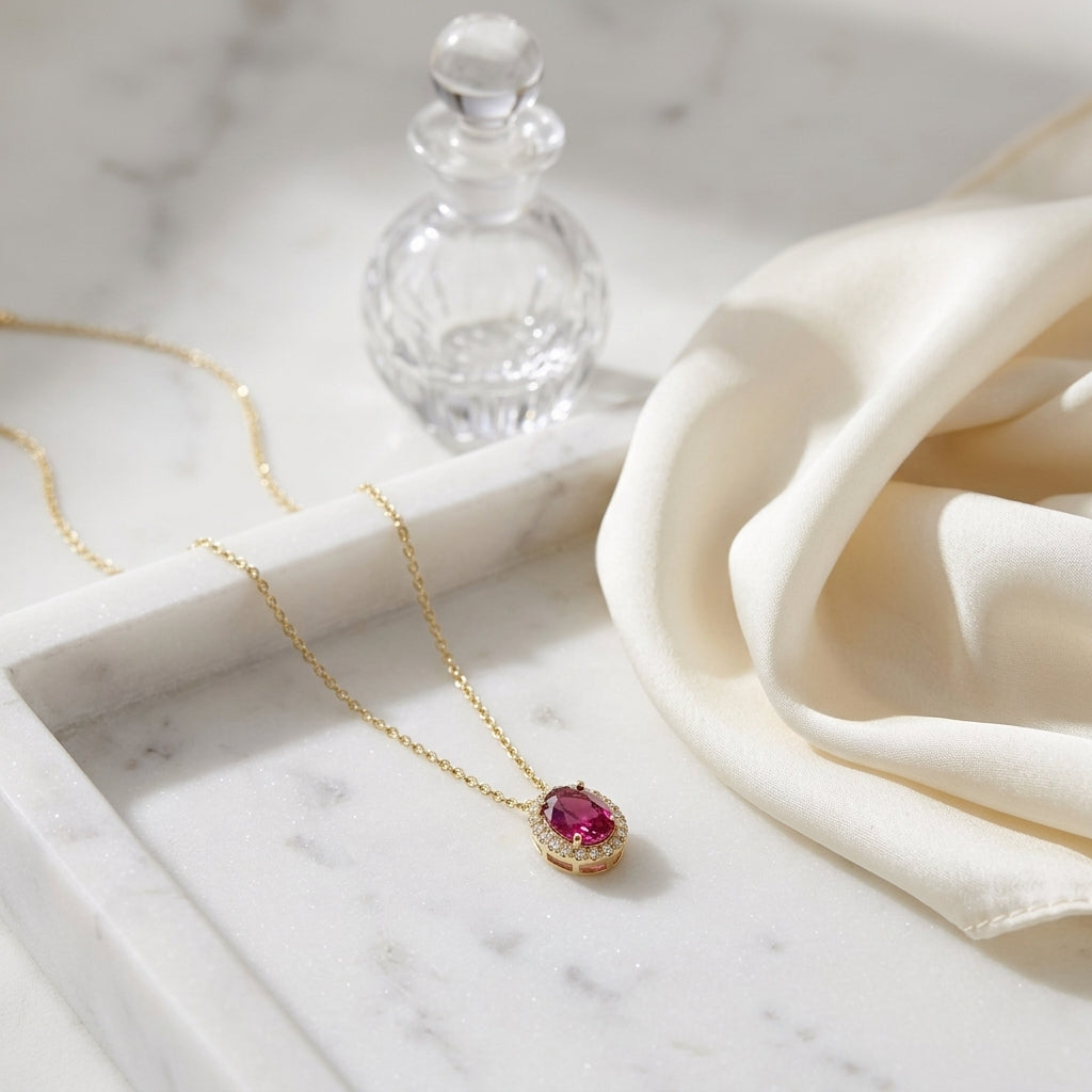 Rhodolite Garnet And Diamond Oval Halo Slide Pendant In 14k Yellow Gold (8x6mm Center) — atelier still life