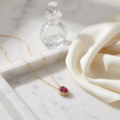 Rhodolite Garnet And Diamond Oval Halo Slide Pendant In 14k Yellow Gold (8x6mm Center) — atelier still life