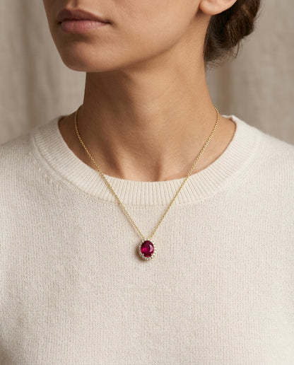 Rhodolite Garnet And Diamond Oval Halo Slide Pendant In 14k Yellow Gold (8x6mm Center) — editorial close-up