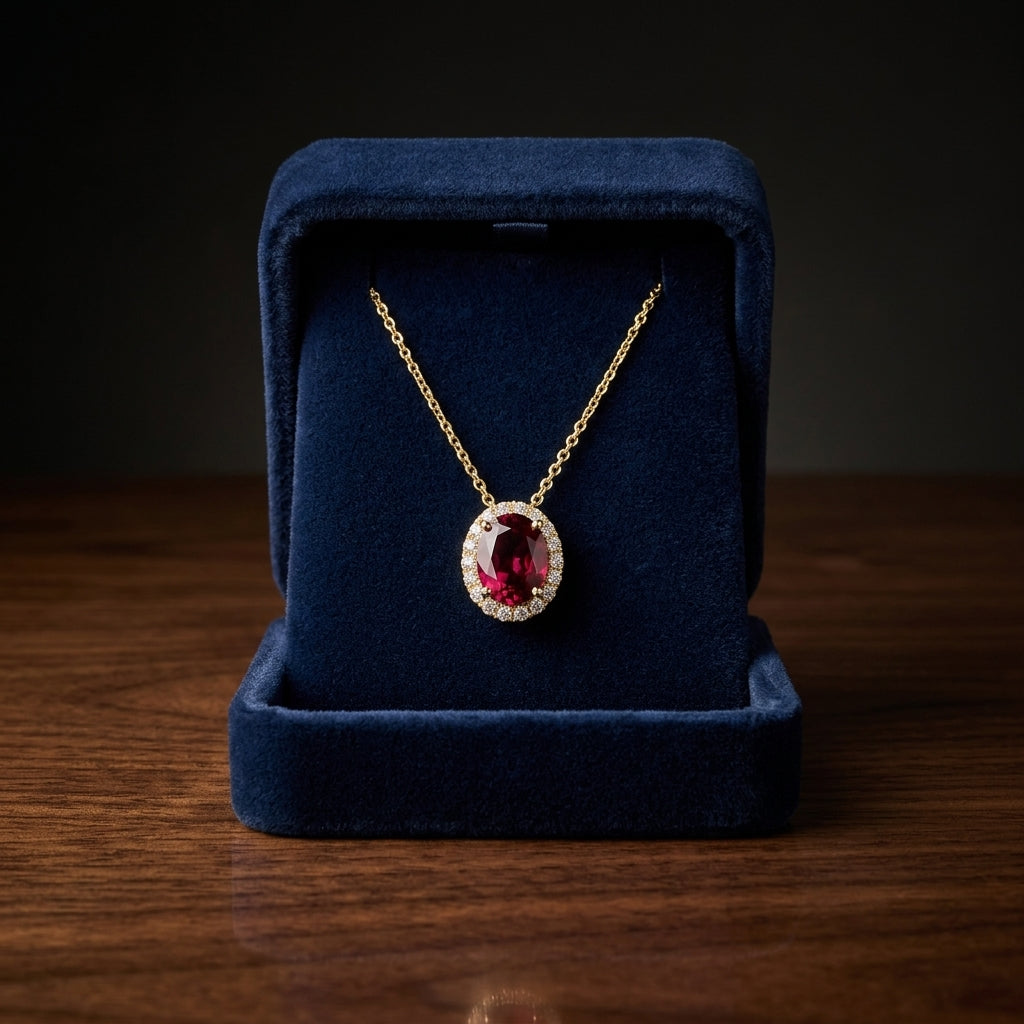 Rhodolite Garnet And Diamond Oval Halo Slide Pendant In 14k Yellow Gold (8x6mm Center) — gift presentation