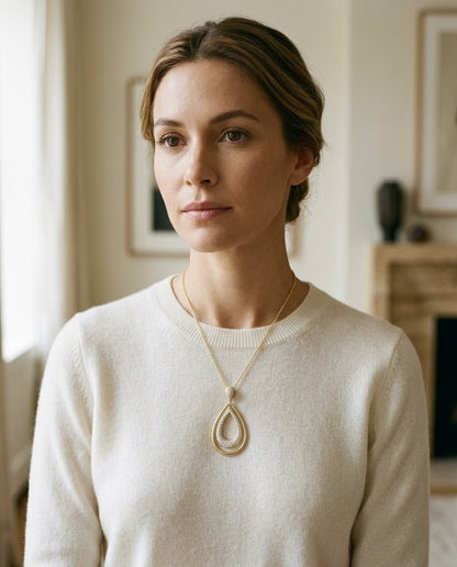 Diamond Double Oval Pendant In 14k Yellow Gold 18 Inch Length — portrait close