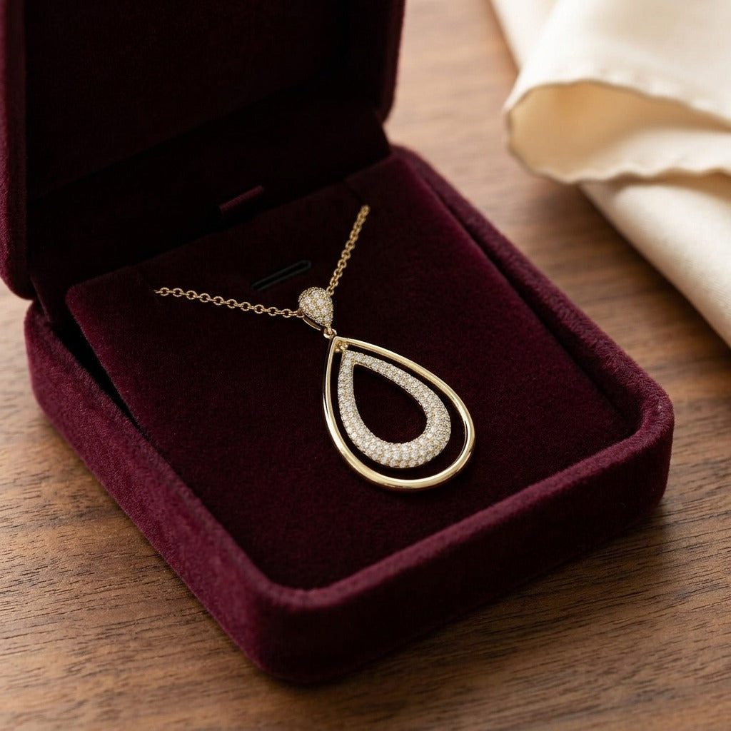 Diamond Double Oval Pendant In 14k Yellow Gold 18 Inch Length — velvet box