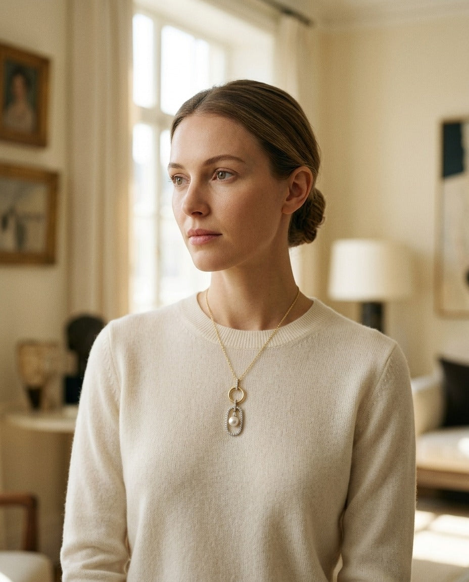 14k Yellow Gold Freshwater Pearl & Diamonds Pendant — portrait full
