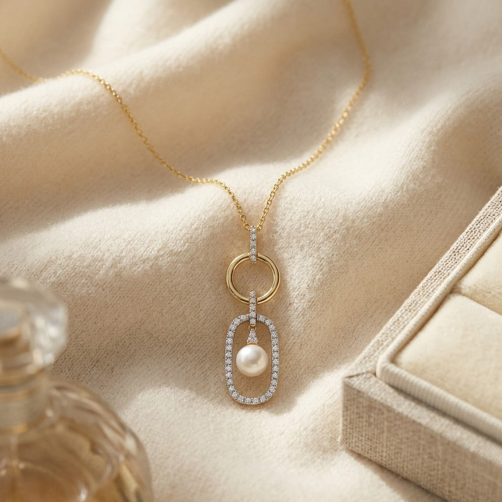 14k Yellow Gold Freshwater Pearl & Diamonds Pendant — textile flat lay