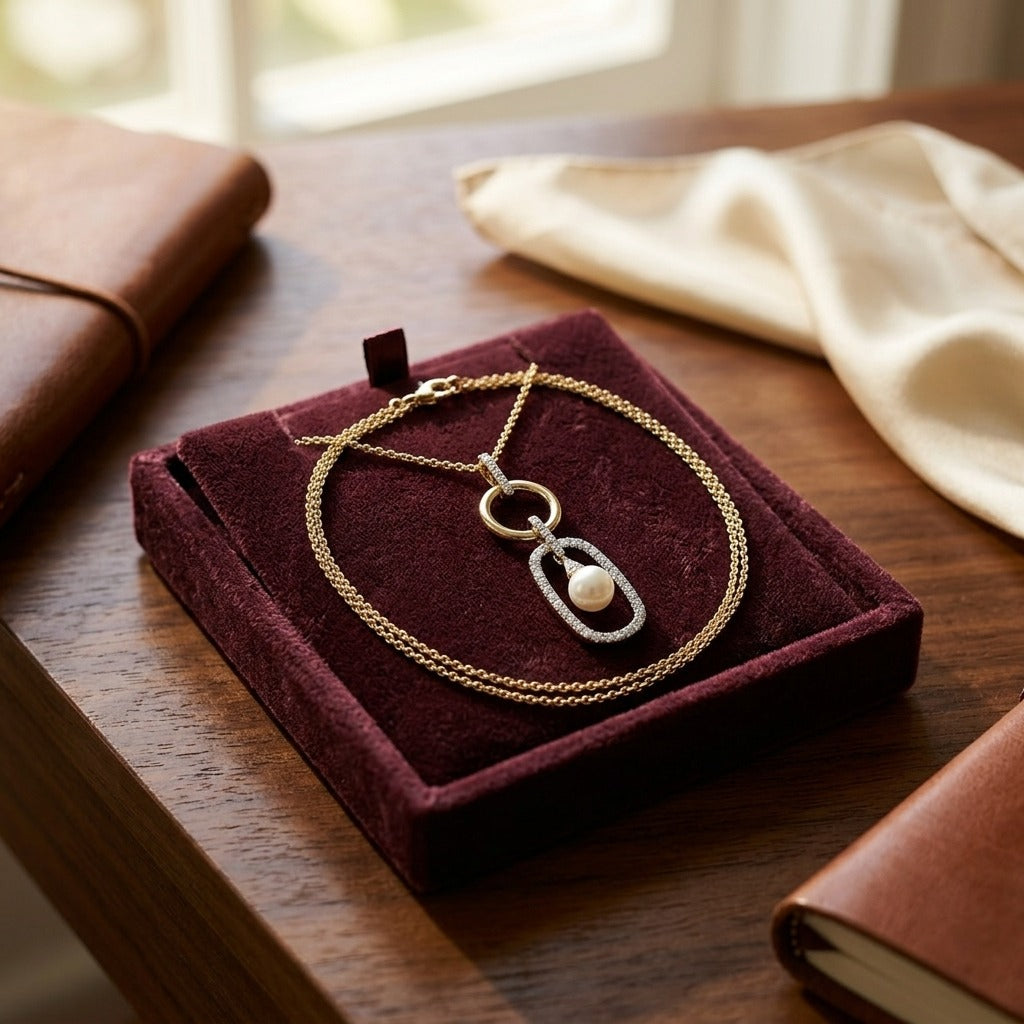 14k Yellow Gold Freshwater Pearl & Diamonds Pendant — velvet box