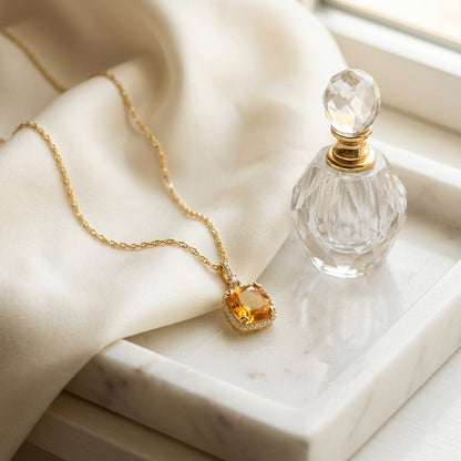 Citrine And Diamond Halo Cushion-cut Pendant In 14k Yellow Gold (9mm) — marble silk