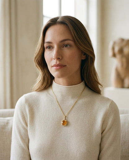 Citrine And Diamond Halo Cushion-cut Pendant In 14k Yellow Gold (9mm) — portrait close