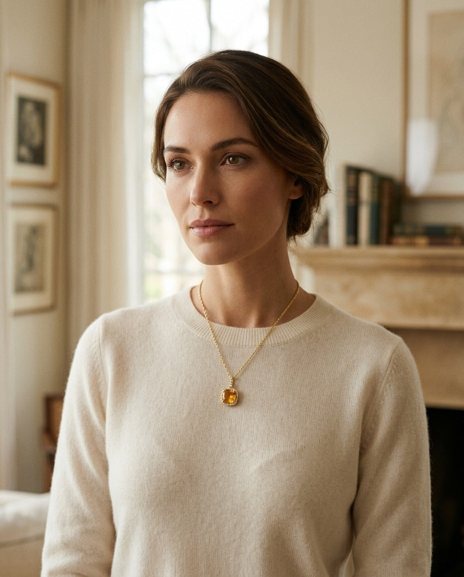 Citrine And Diamond Halo Cushion-cut Pendant In 14k Yellow Gold (9mm) — portrait full