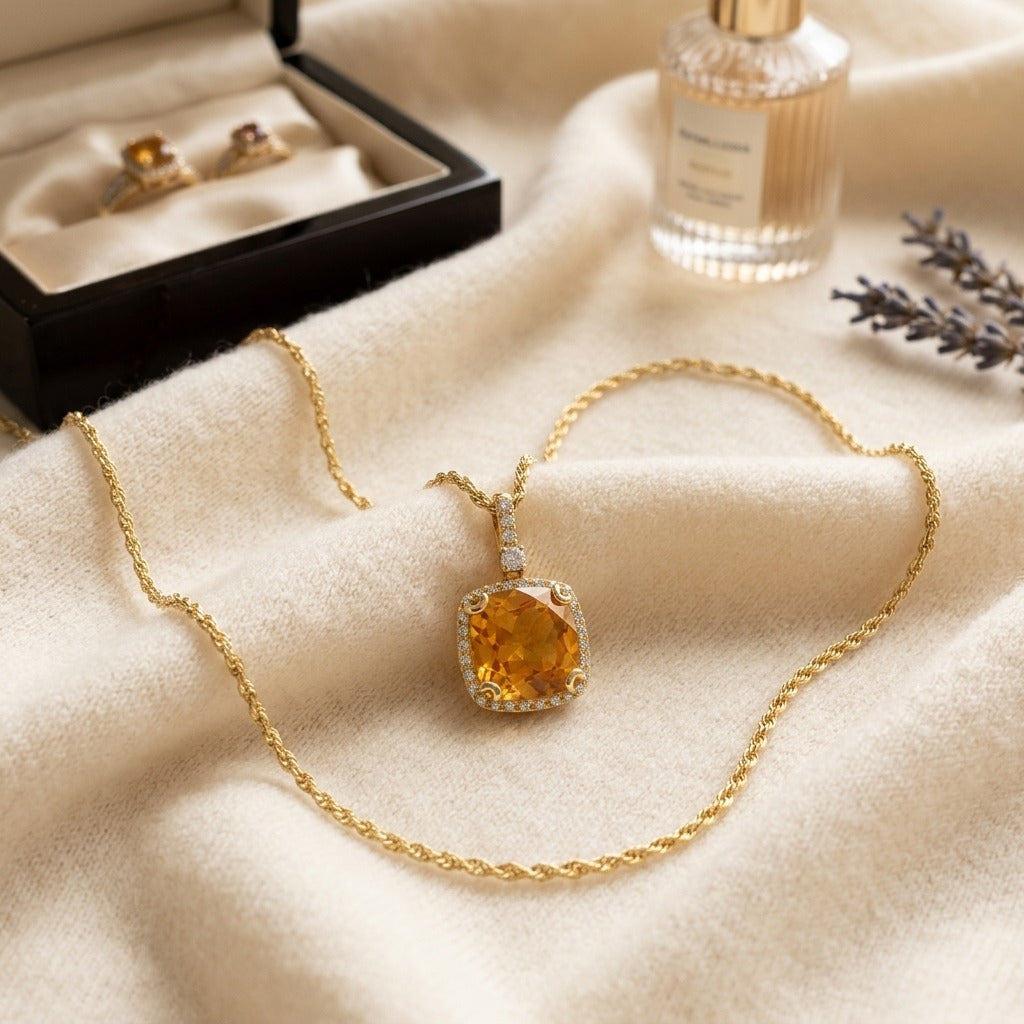 Citrine And Diamond Halo Cushion-cut Pendant In 14k Yellow Gold (9mm) — textile flat lay