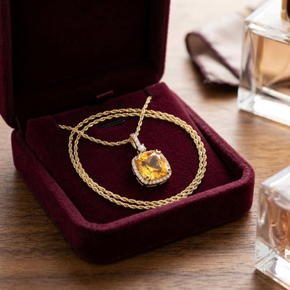 Citrine And Diamond Halo Cushion-cut Pendant In 14k Yellow Gold (9mm) — velvet box