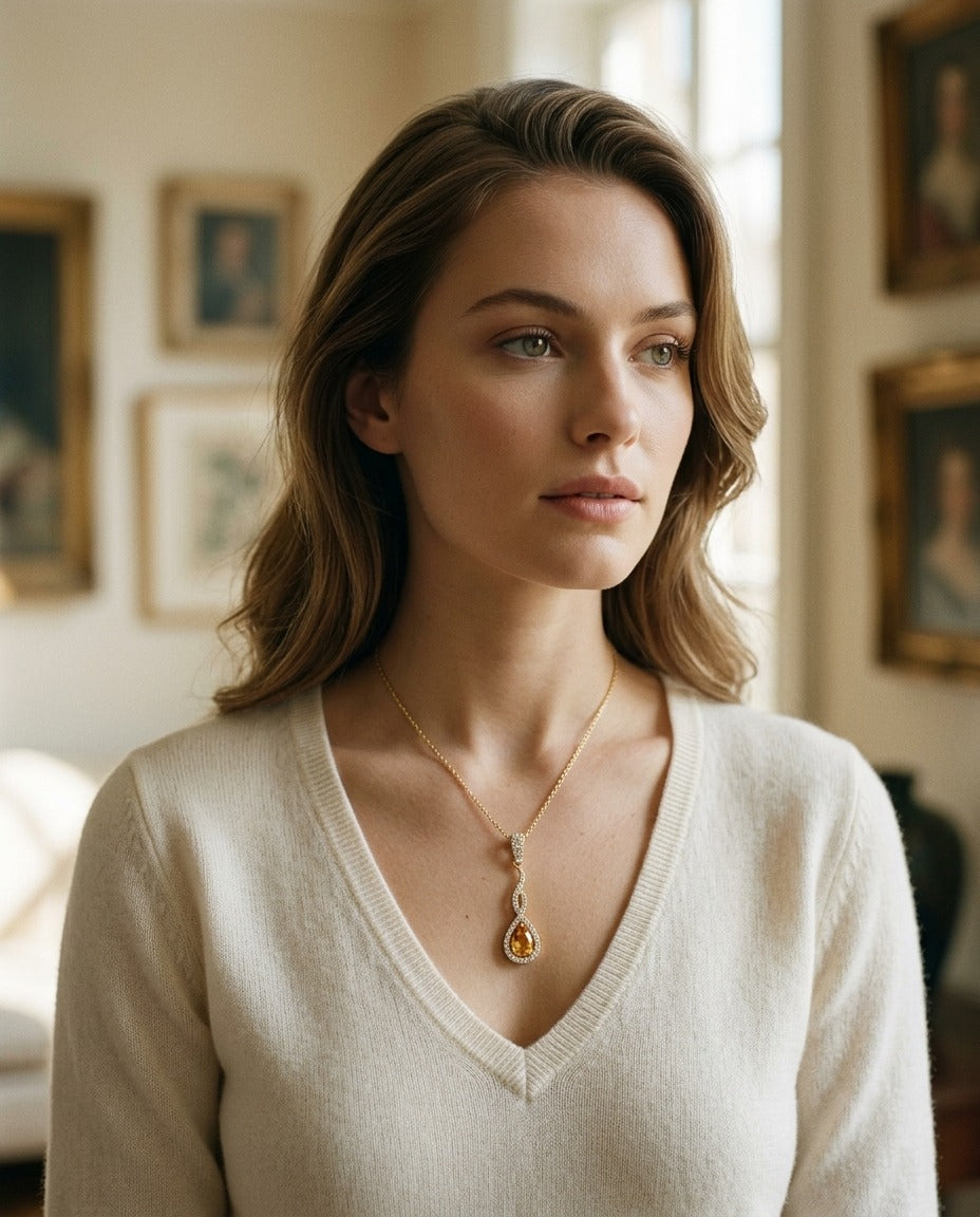 Citrine And Diamond Pendant In 14k Yellow Gold (1/4 Ct.tw.) — portrait full