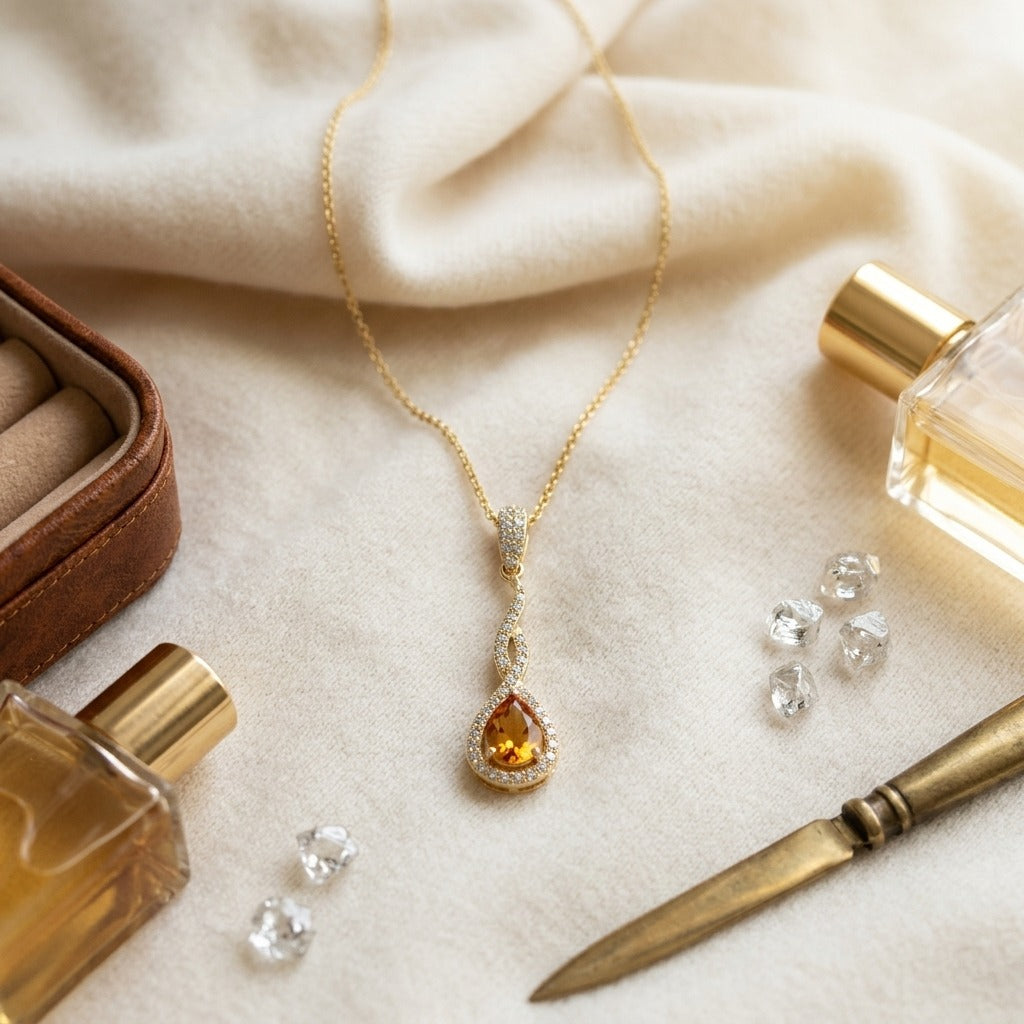 Citrine And Diamond Pendant In 14k Yellow Gold (1/4 Ct.tw.) — textile flat lay
