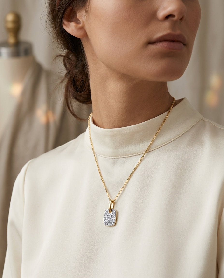 Petite Diamond Pave Dog Tag Pendant In 14k Yellow Gold (1/5 Ct.tw.) — editorial close-up