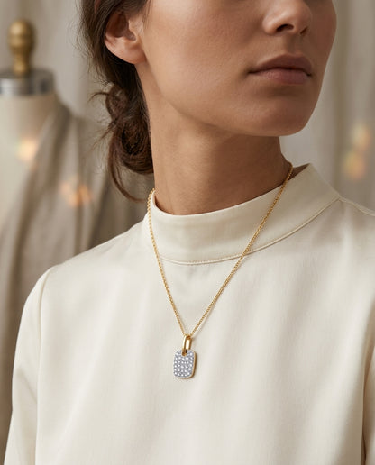 Petite Diamond Pave Dog Tag Pendant In 14k Yellow Gold (1/5 Ct.tw.) — editorial close-up