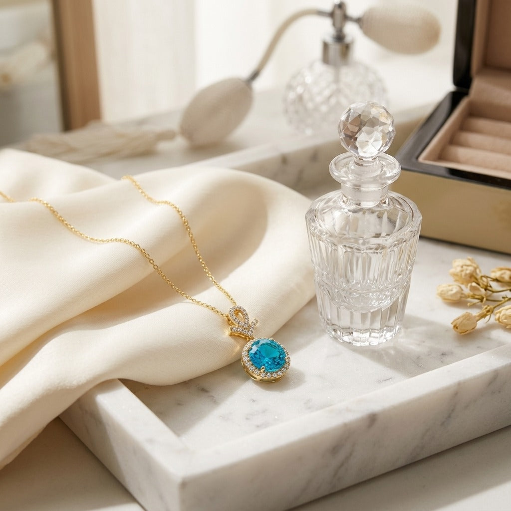 Blue Topaz and Diamond Pave Halo Pendant in 14k Yellow Gold — marble silk