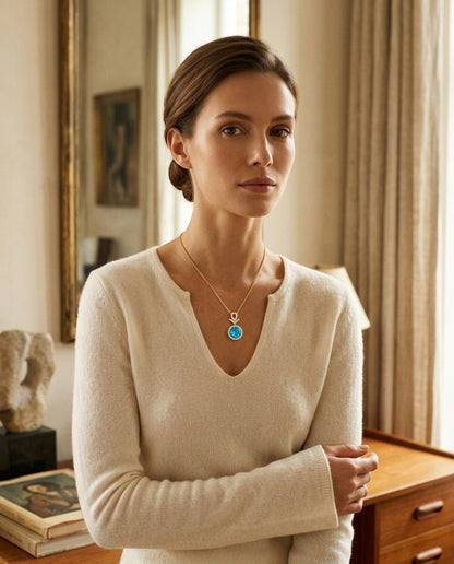 Blue Topaz and Diamond Pave Halo Pendant in 14k Yellow Gold — portrait full