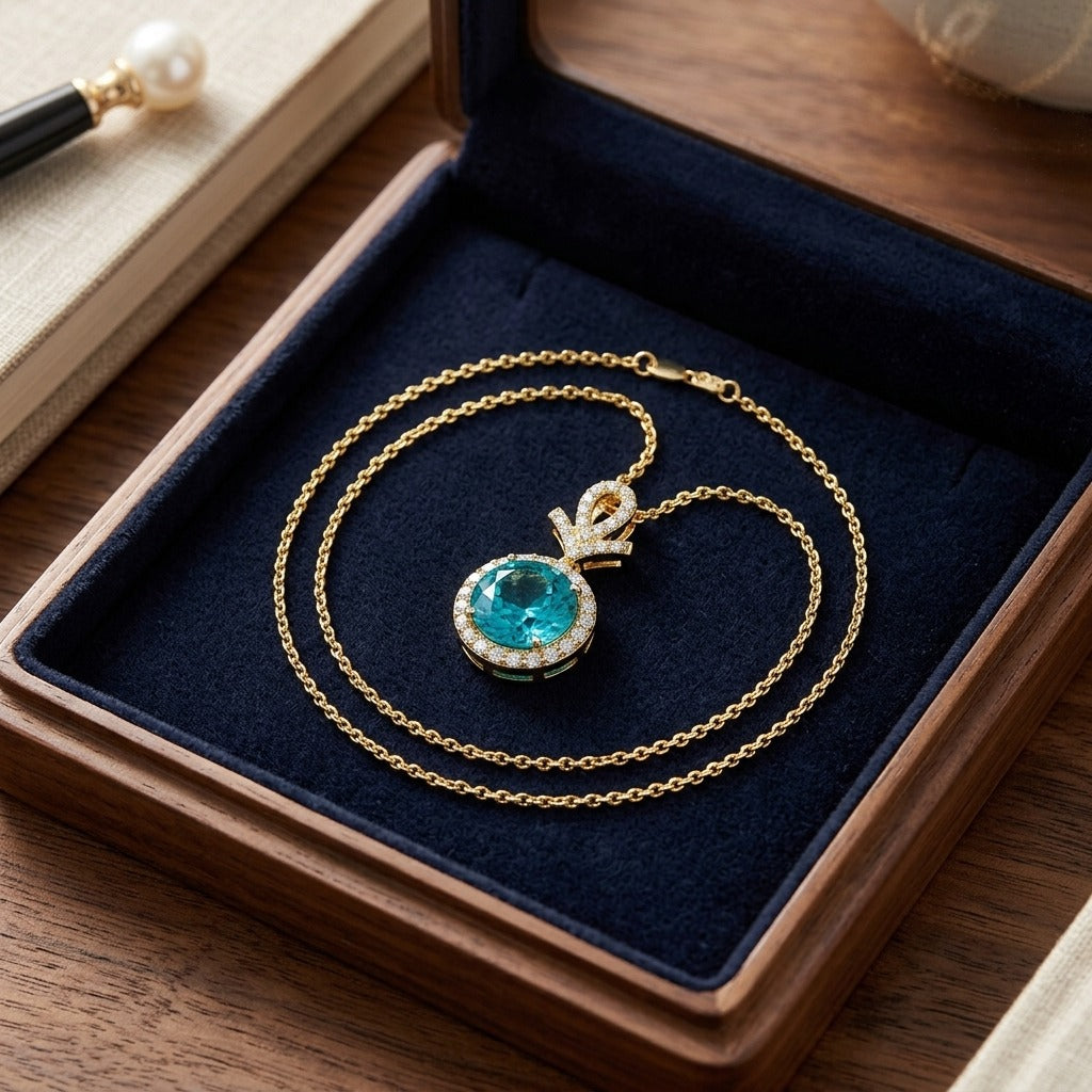 Blue Topaz and Diamond Pave Halo Pendant in 14k Yellow Gold — velvet box