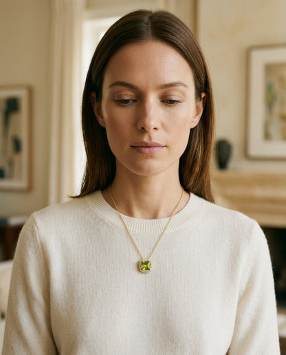Peridot Cushion and Diamond Double Halo Pendant in 14k Yellow Gold (7mm) — portrait close