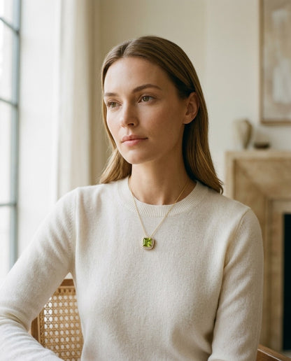 Peridot Cushion and Diamond Double Halo Pendant in 14k Yellow Gold (7mm) — portrait full