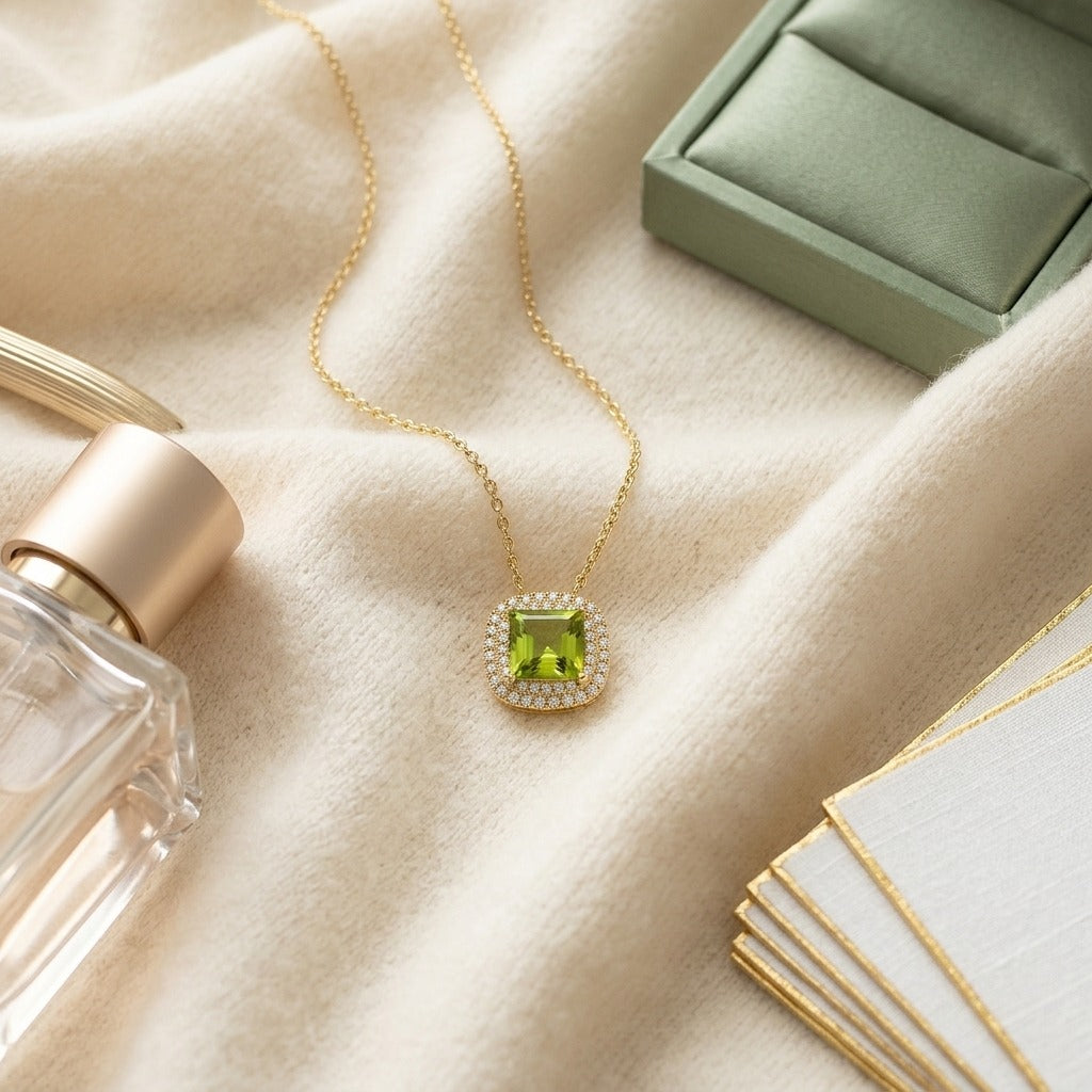 Peridot Cushion and Diamond Double Halo Pendant in 14k Yellow Gold (7mm) — textile flat lay