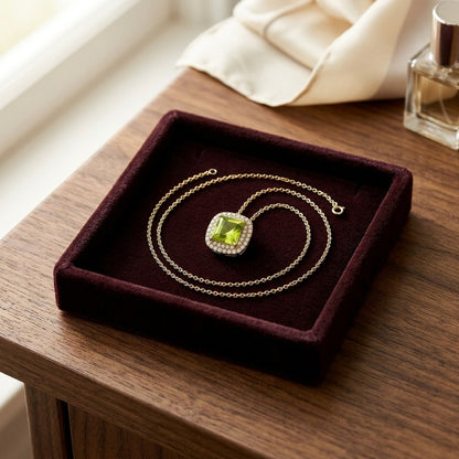 Peridot Cushion and Diamond Double Halo Pendant in 14k Yellow Gold (7mm) — velvet box
