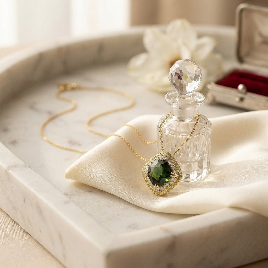 Green Tourmaline Cushion Pendant with Peridot and Diamond Borders in 14k Yellow Gold (11mm) — marble silk