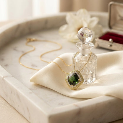 Green Tourmaline Cushion Pendant with Peridot and Diamond Borders in 14k Yellow Gold (11mm) — marble silk
