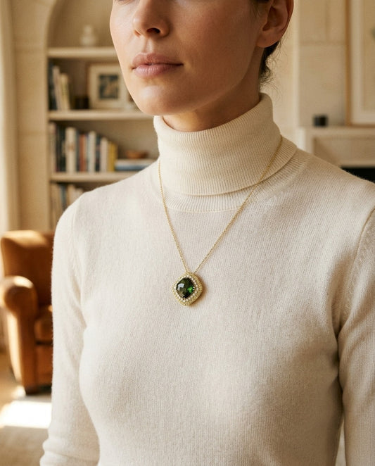 Green Tourmaline Cushion Pendant with Peridot and Diamond Borders in 14k Yellow Gold (11mm) — portrait close