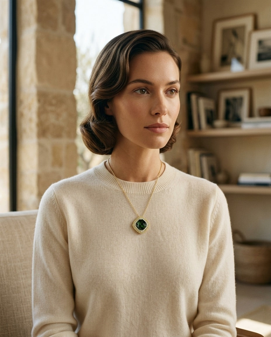 Green Tourmaline Cushion Pendant with Peridot and Diamond Borders in 14k Yellow Gold (11mm) — portrait full