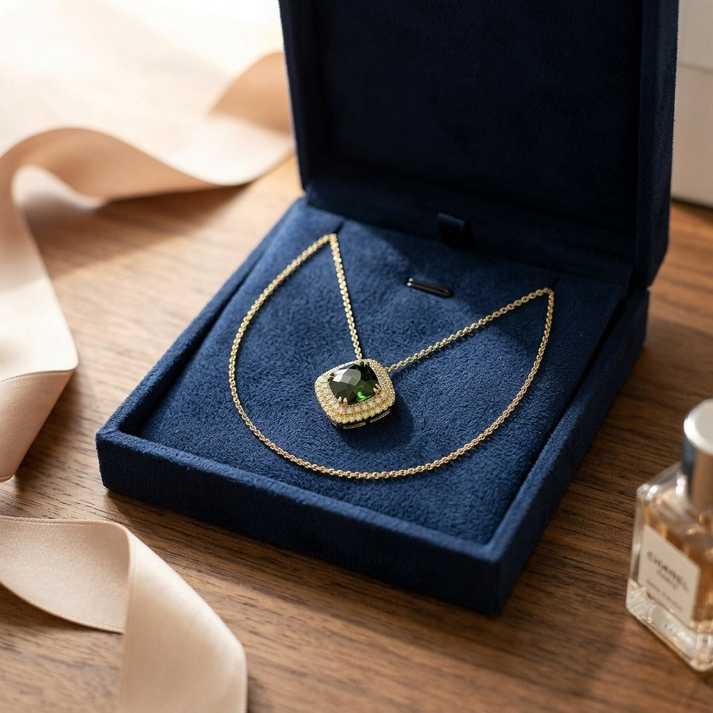 Green Tourmaline Cushion Pendant with Peridot and Diamond Borders in 14k Yellow Gold (11mm) — velvet box