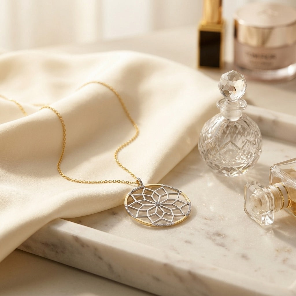 Diamond Floral Lattice Pendant with Pave Accented Border in 14k Yellow Gold, 16-18 Inch Adj Chain — marble silk