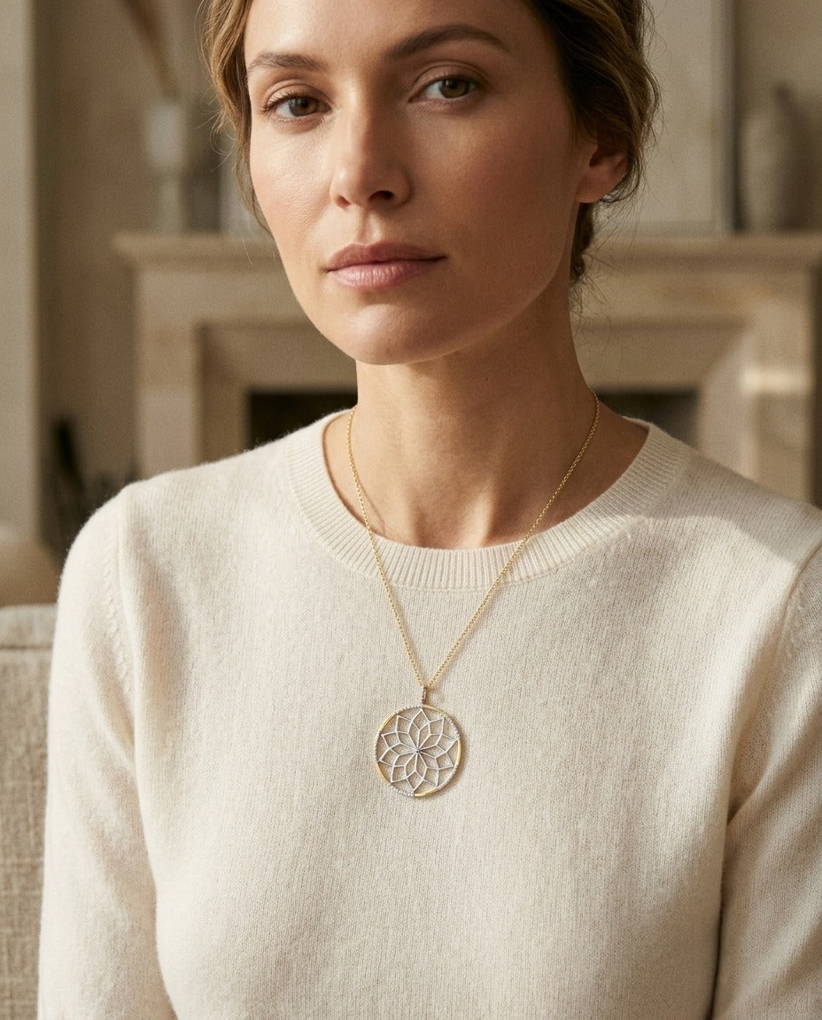 Diamond Floral Lattice Pendant with Pave Accented Border in 14k Yellow Gold, 16-18 Inch Adj Chain — portrait close