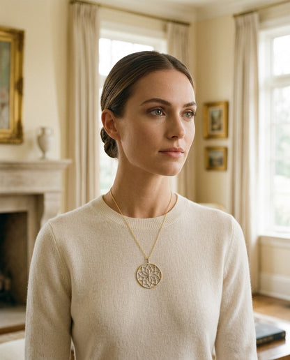 Diamond Floral Lattice Pendant with Pave Accented Border in 14k Yellow Gold, 16-18 Inch Adj Chain — portrait full