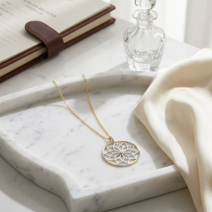 Diamond Snowflake Pendant With Circular Frame in 14k Yellow Gold 1/3ctw, 16-18 Inch Adjustable Rolo Chain — atelier still life