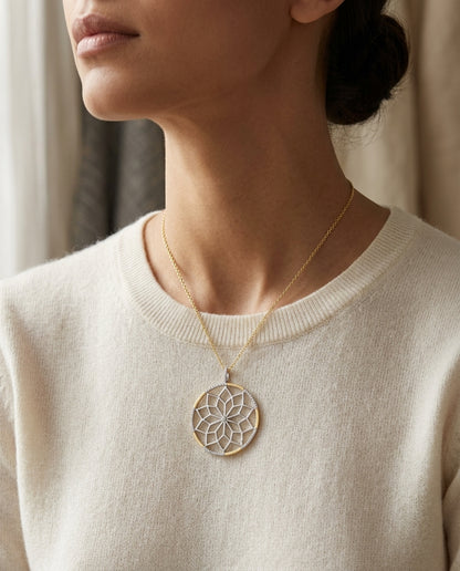 Diamond Snowflake Pendant With Circular Frame in 14k Yellow Gold 1/3ctw, 16-18 Inch Adjustable Rolo Chain — editorial close-up