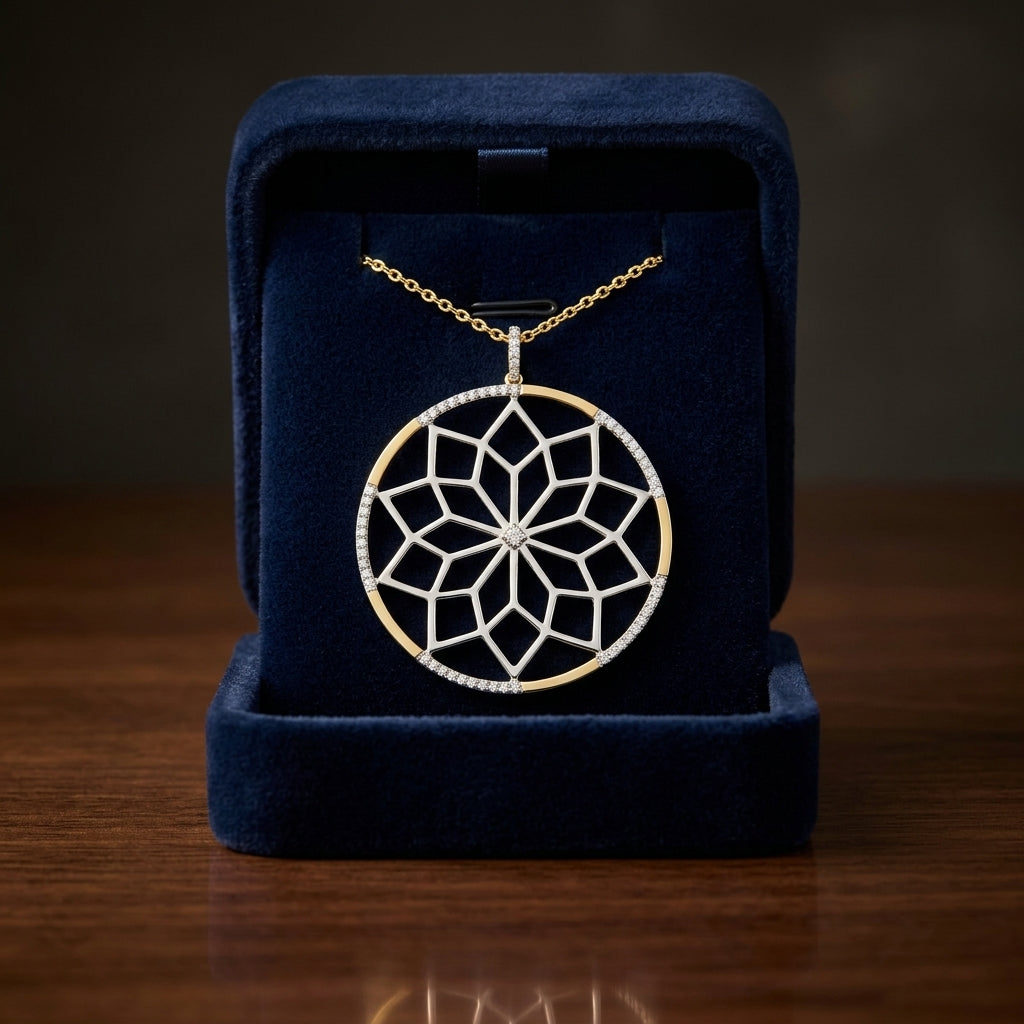Diamond Snowflake Pendant With Circular Frame in 14k Yellow Gold 1/3ctw, 16-18 Inch Adjustable Rolo Chain — gift presentation