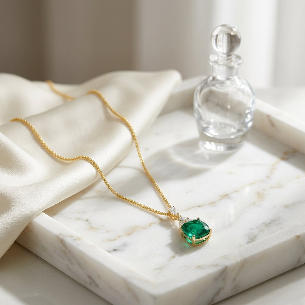 Lab Emerald 8mm Cushion, Round & Marquise Diamonds Pendant with Chain Set in 14K Yellow Gold - lifestyle
