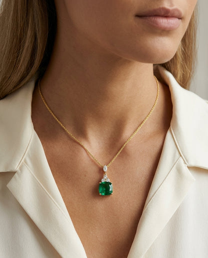 Lab Emerald 8mm Cushion, Round & Marquise Diamonds Pendant with Chain Set in 14K Yellow Gold - editorial hero