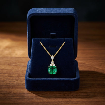 Lab Emerald 8mm Cushion, Round & Marquise Diamonds Pendant with Chain Set in 14K Yellow Gold - presentation