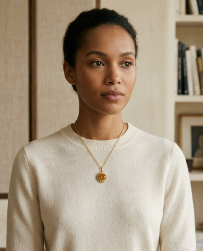 Citrine Yellow Sapphire and Diamond Burst Circle Pendant in 14k Yellow Gold 1/10ctw 16-17-18 Inch Adjustable Chain — portrait close
