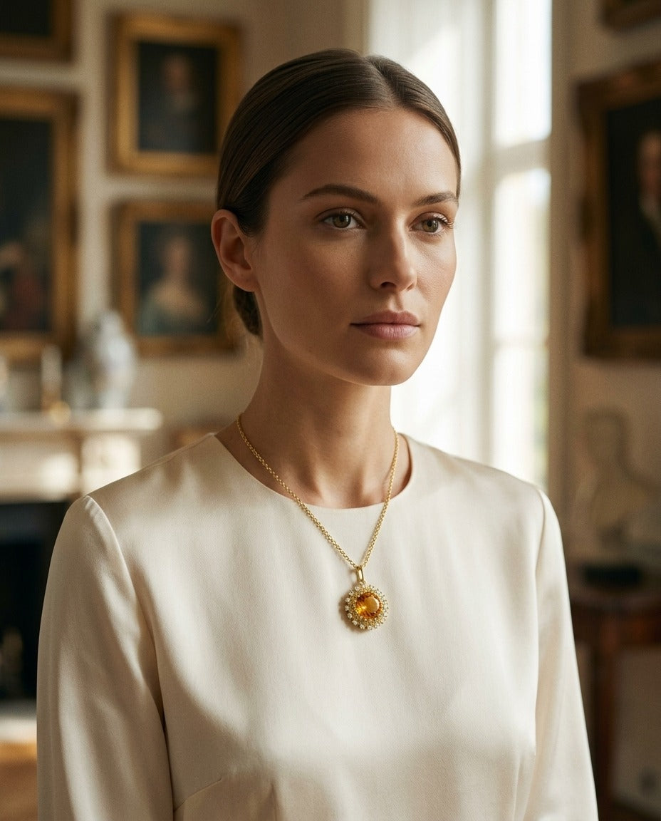 Citrine Yellow Sapphire and Diamond Burst Circle Pendant in 14k Yellow Gold 1/10ctw 16-17-18 Inch Adjustable Chain — portrait full